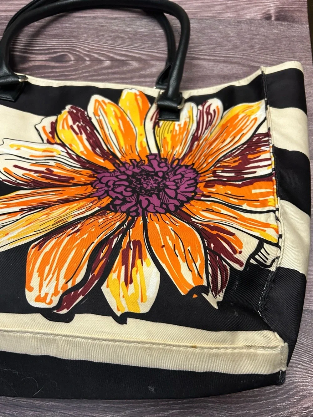 Source Unknown Black and Cream Striped Tote with Orange Floral Accent
